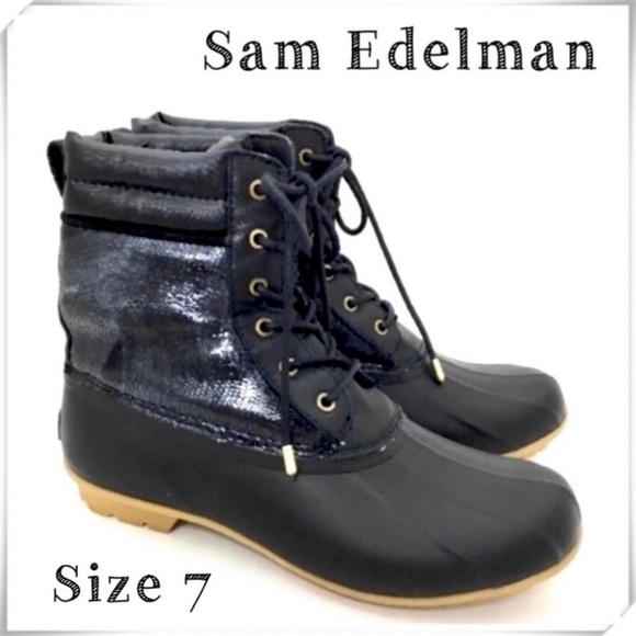 SAM Edelman Caldwell Winter Lace up Duck Boot in Metallic Black - Picture 1 of 8